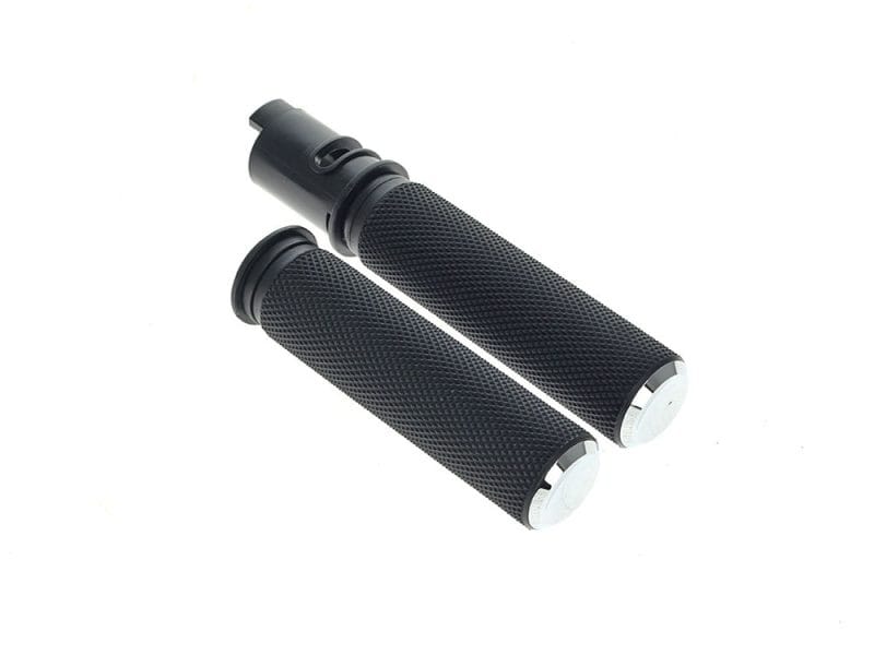 Knurled Fusion Handgrips - Chrome. Fits CVO Touring 2023up High-quality black motorcycle handlebar grips for Revelry Motorcycles, durable and comfortable.