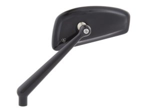 Black motorcycle rearview mirror for Revelry Motorcycles, sleek design, high-quality Australian-made motorcycle accessories, enhances rider safety.