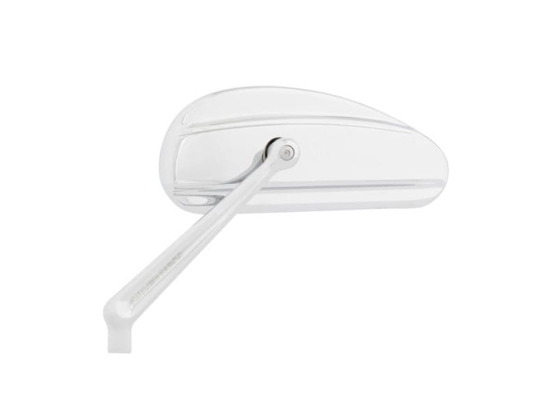 White motorcycle mirror for Revelry Motorcycles, Australian made, high-quality bike accessories.