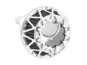 Bright silver motorcycle wheel nut cover with black inner accents, perfect for Revelry Motorcycles.