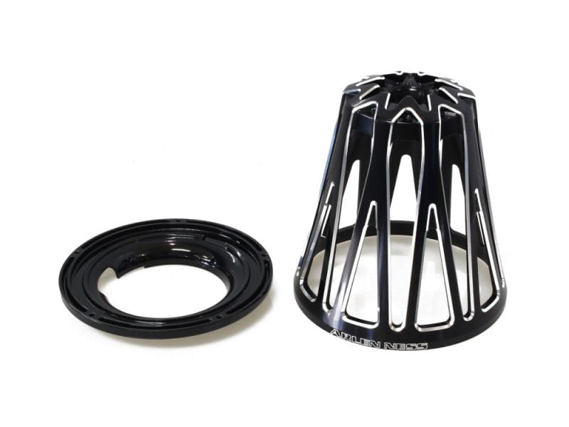 High-performance motorcycle clutch cover and bearing, black aluminium design by Arlen Ness.