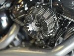 High-performance Harley-Davidson motorcycle engine with chrome finish.