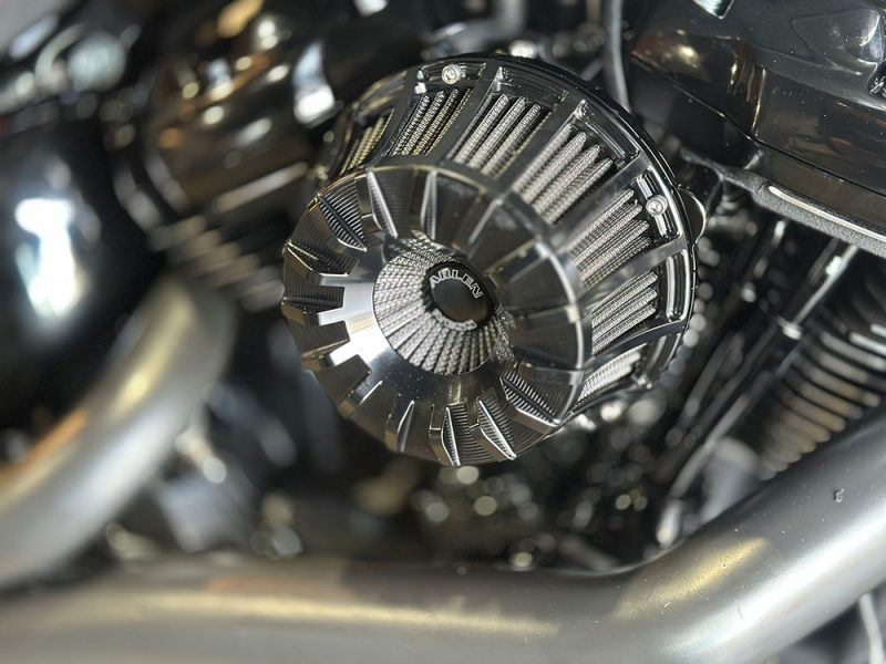High-performance Harley-Davidson motorcycle engine with chrome finish.
