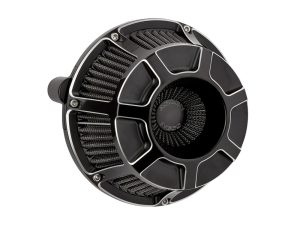 Black motorcycle air filter for Revelry Motorcycles, high-performance bike accessories.