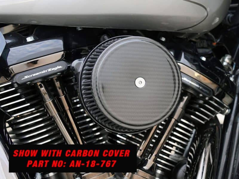 Carbon cover for motorcycle air cleaner, part number AN-18-767, fits Harley Davidson bikes.