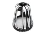 Sissy bar pad with sleek black and chrome design for motorcycle comfort and style.