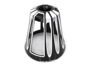Sissy bar pad with sleek black and chrome design for motorcycle comfort and style.