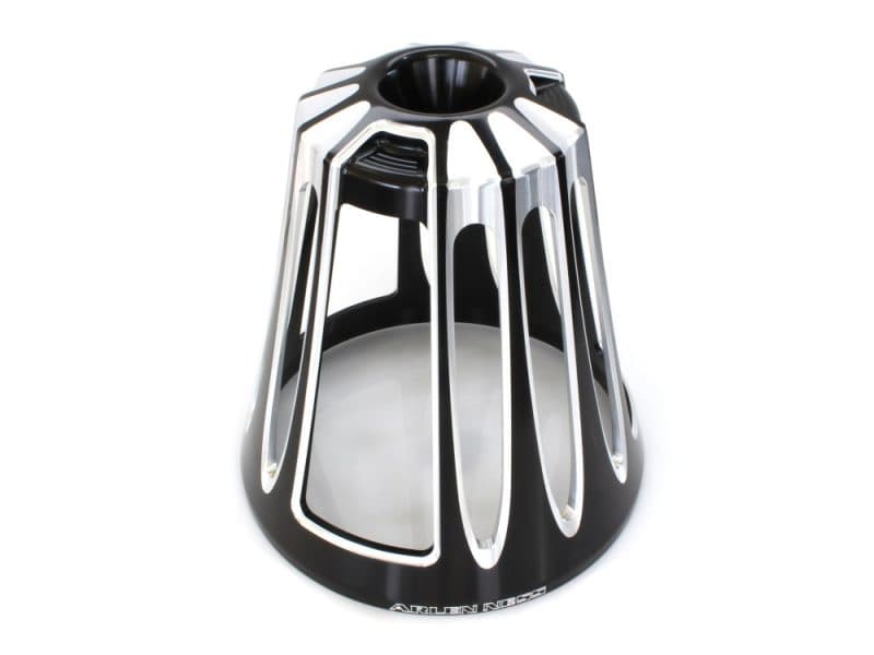 Sissy bar pad with sleek black and chrome design for motorcycle comfort and style.