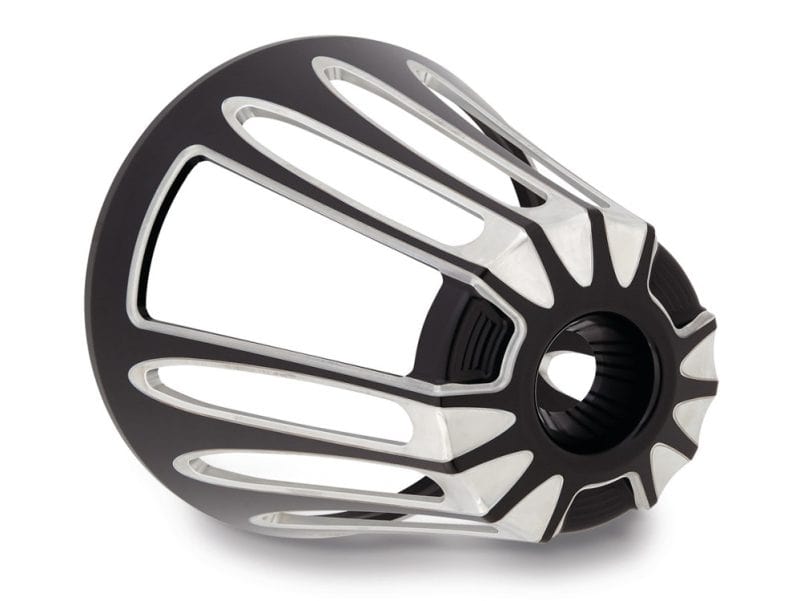 Aluminium motorcycle wheel hub with black accents, designed for high-performance bikes at Revelry Cycles.