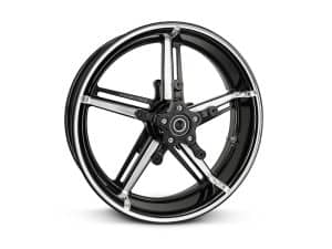 High-performance motorcycle wheel with sleek black and silver design by Revelry Motorcycles.