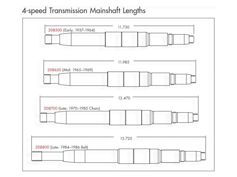 Heavy-duty motorcycle transmission mainshaft with multiple length options for vintage and modern bikes.