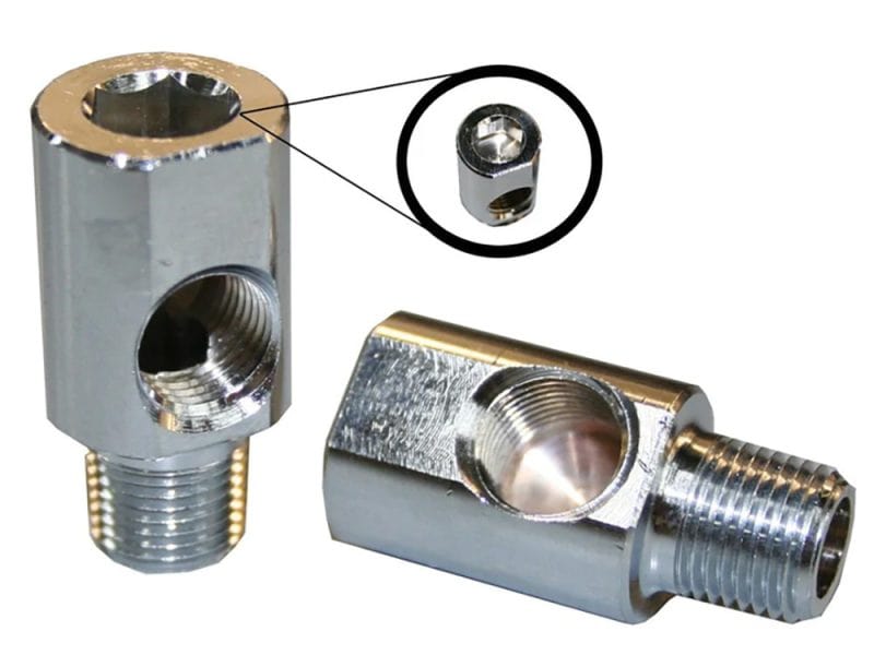 90 degree Elbow Oil Fitting with 1/8in. NPT Male Thread & x 1/8in. NPT Female Thread. Precision motorcycle engine parts for Revelry Motorcycles enthusiasts.