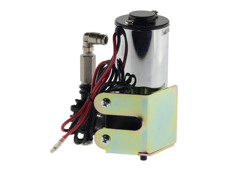 Alt text: Electric fuel pump for motorcycles with wiring and mounting bracket.