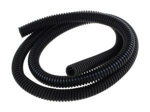 Flexible black corrugated motorcycle cable conduit for protection and wiring.