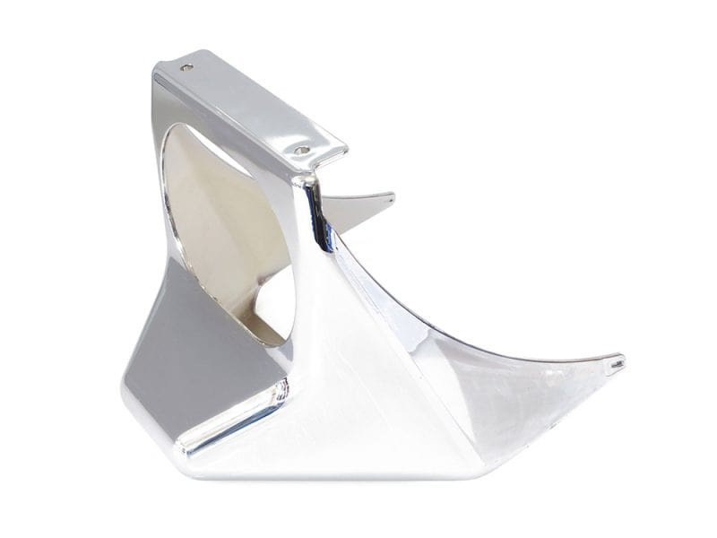 Sleek chrome motorcycle headlight mount for Revelry motorcycles.