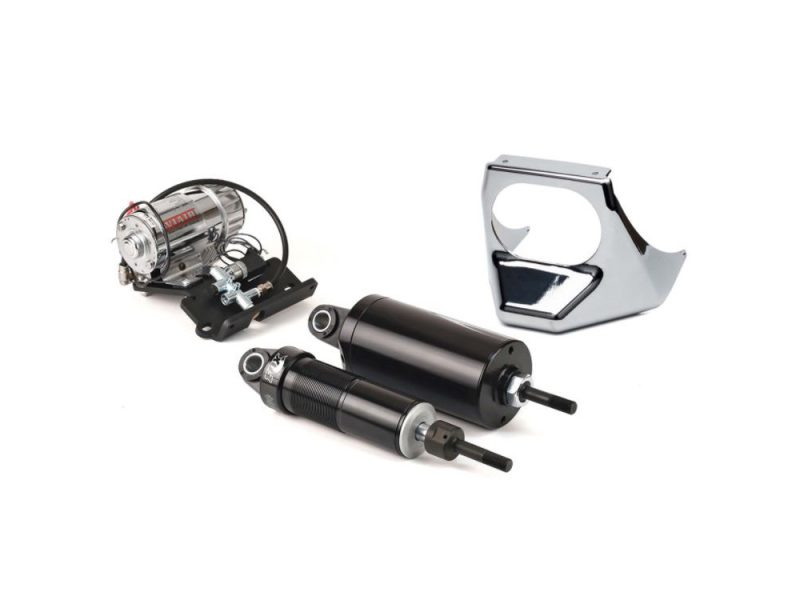 Rear Air Shock Absorbers - Black with Chrome Handlebar Switch. Fits Softail 2001-2017. High-performance motorcycle suspension components for Revelry Motorcycles.