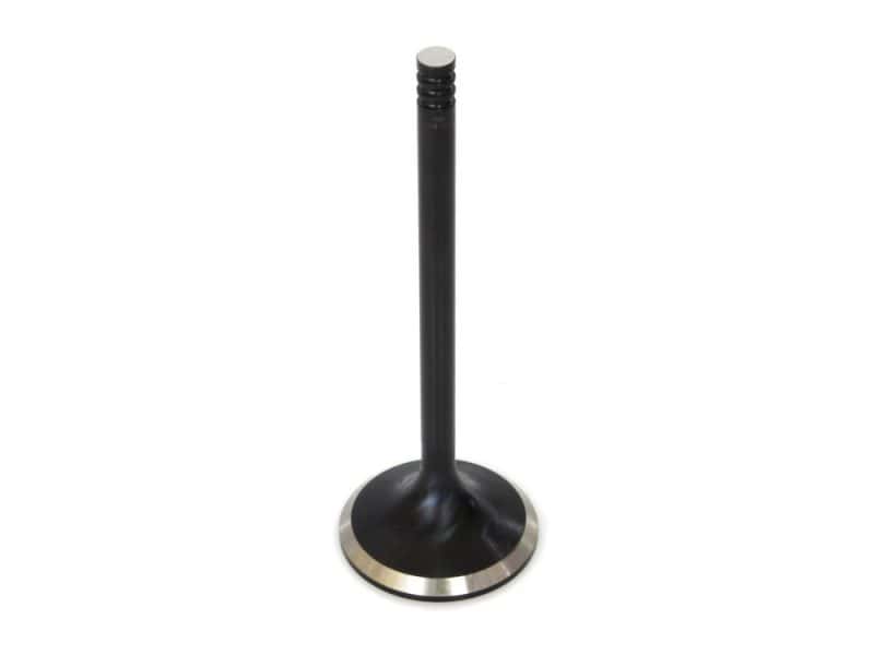 High-performance motorcycle valve, black metal with silver edge, ideal for Revelry motorcycle builds.