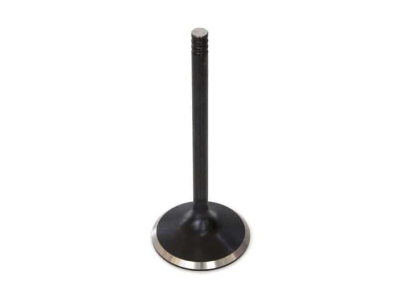 High-performance motorcycle engine valve, black metal with silver edge finish.