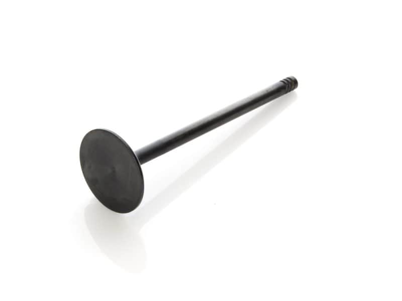 Oversize Exhaust Valve. Fits Milwaukee-Eight 2017up. High Flow 0.030in. Oversize Valve. Black motorcycle piston with pin for bike engine repairs.