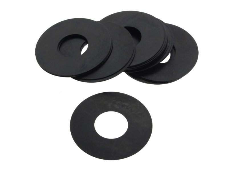 Valve Spring Shims - 0.015in. Thick. Fits Big Twin 1984-2004. Pack of 20. Dark rubber washers for motorcycle maintenance and repair.