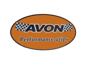 High-performance Avon motorcycle grips logo on orange background.