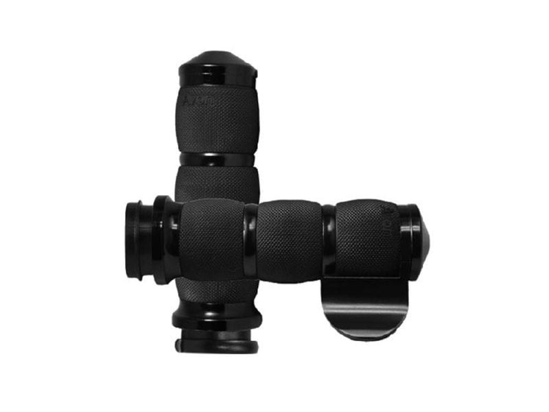 Air Cushion Handgrips with Throttle Boss - Black. Fits Big Twin 2008-2024 with Throttle-by-Wire Rubber motorcycle handlebar grips for Revelry Motorcycles in black, durable and ergonomic.