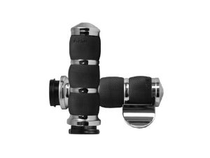 Aluminium motorcycle handlebar grips with black rubber texturing for Revelry Motorcycles.