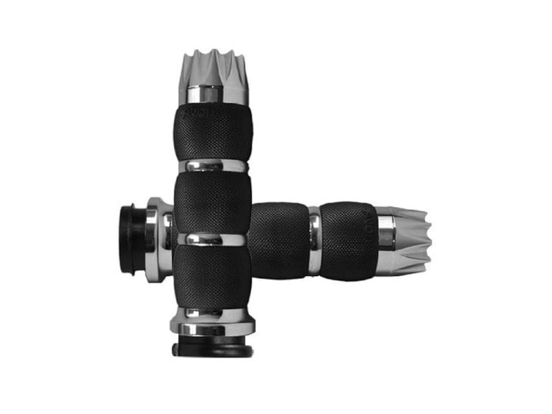 Excalibur Air Cushion Handgrips - Chrome. Fits Big Twin 2008-2024 with Throttle-by-Wire Handlebar grips with aluminium end caps for Revelry Motorcycles, designed for comfort and style.