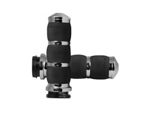 Black motorcycle handlebar grips with textured rubber and chrome accents, designed for comfort and control.