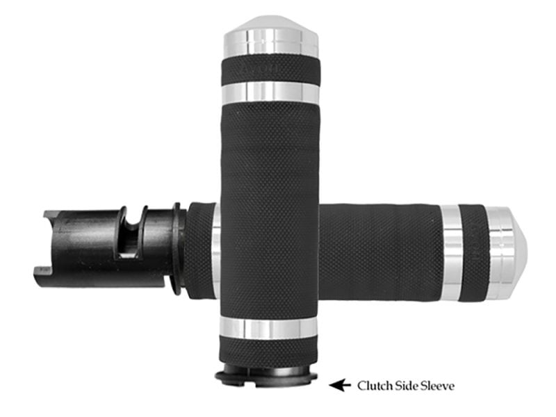 Air Cushion Super Sport Handgrips - Chrome. Fits CVO Touring 2023up High-quality motorcycle handlebar grips for Revelry Motorcycles, with textured rubber grip and silver end caps.