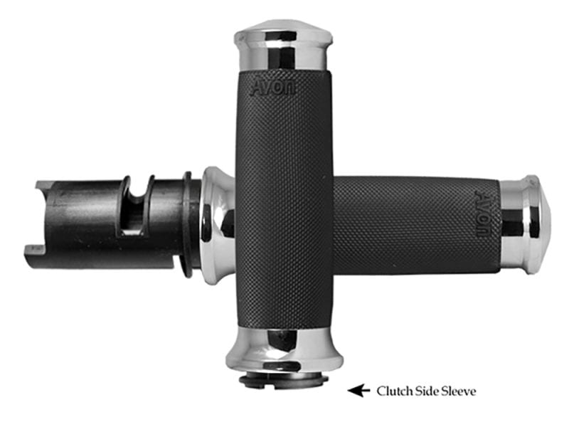 Rubber motorcycle handlebar grips with chrome accents for Revelry Motorcycles.