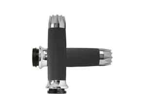Black motorcycle handlebar grips with chrome accents for Revelry Motorcycles.