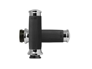 Black motorcycle handlebar grips with chrome accents, designed for Revelry Motorcycles.