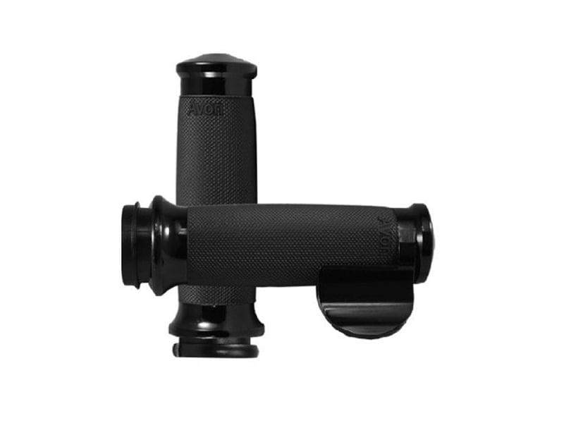 Custom Contour Handgrips with Throttle Boss - Black. Fits Big Twin 2008-2024 with Throttle-by-Wire Comfortable black motorcycle handlebar grips for Revelry Motorcycles, durable and slip-resistant.