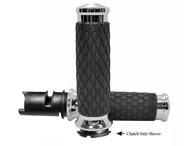 Diamond Contour Handgrips - Chrome. Fits CVO Touring 2023up Rubber motorcycle handlebar grips with chrome accents for Revelry Motorcycles.