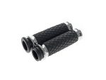 High-quality motorcycle handlebar grips with textured rubber grip surface and chrome accents for durability.