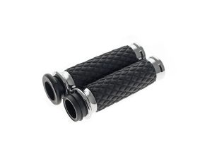 High-quality motorcycle handlebar grips with textured rubber grip surface and chrome accents for durability.
