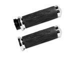 Rubber motorcycle handlebar grips with flame design, black with chrome ends.