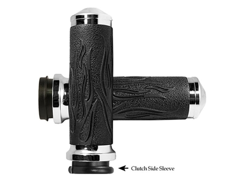 Rubber motorcycle handlebar grips with flame design for Revelry Motorcycles riders.