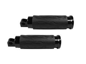 Black motorcycle footpeg grips with flame design for Revelry Motorcycles; durable and stylish.