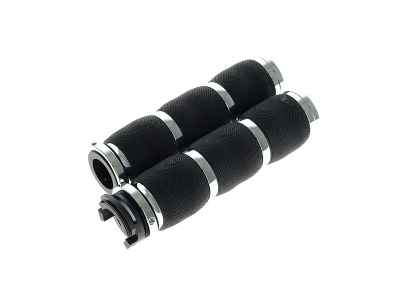 Black motorcycle handlebar grips for Revelry Motorcycles, premium grip comfort and control.