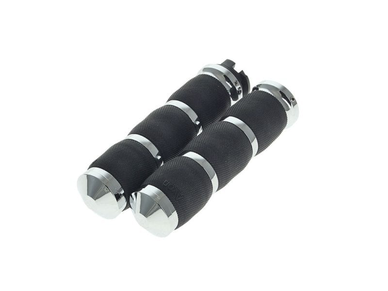 Black motorcycle handlebar grips for Revelry Motorcycles, durable and stylish.