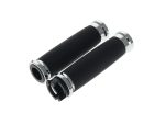 High-performance motorcycle handlebar grips with black textured surface and chrome accents.