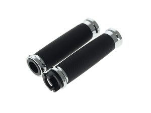 High-performance motorcycle handlebar grips with black textured surface and chrome accents.