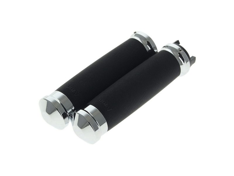Aluminium motorcycle handlebar grips with textured rubber surface for enhanced control and comfort.