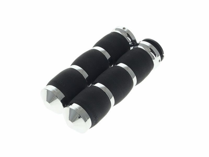 Aluminium motorcycle footpegs with black rubber grip for Revelry Motorcycles Australia.