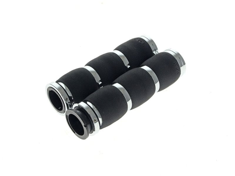 High-quality black motorcycle handlebar grips with aluminium ends for Revelry Motorcycles.