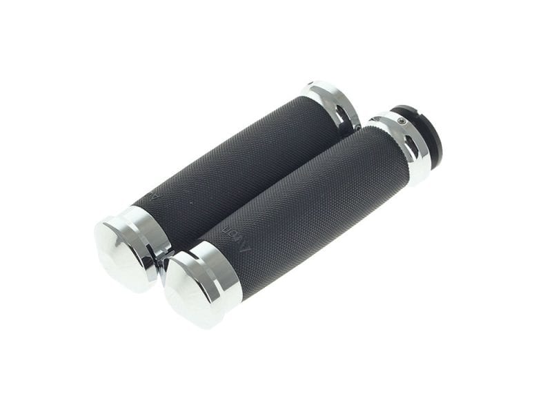 Aluminium motorcycle handlebar grips with textured rubber surface for enhanced grip and control.