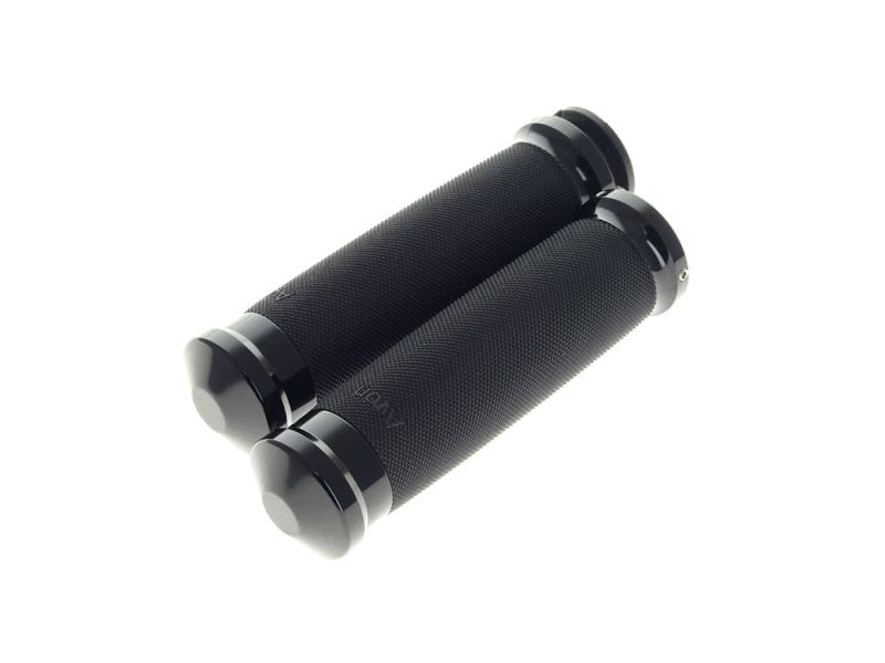 Black motorcycle handlebar grips for enhanced control and comfort.