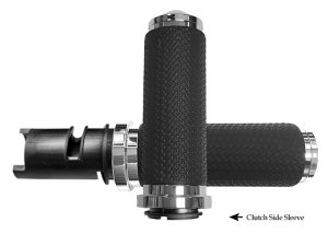 Rubber motorcycle handlebar grips with textured surface and chrome accents.